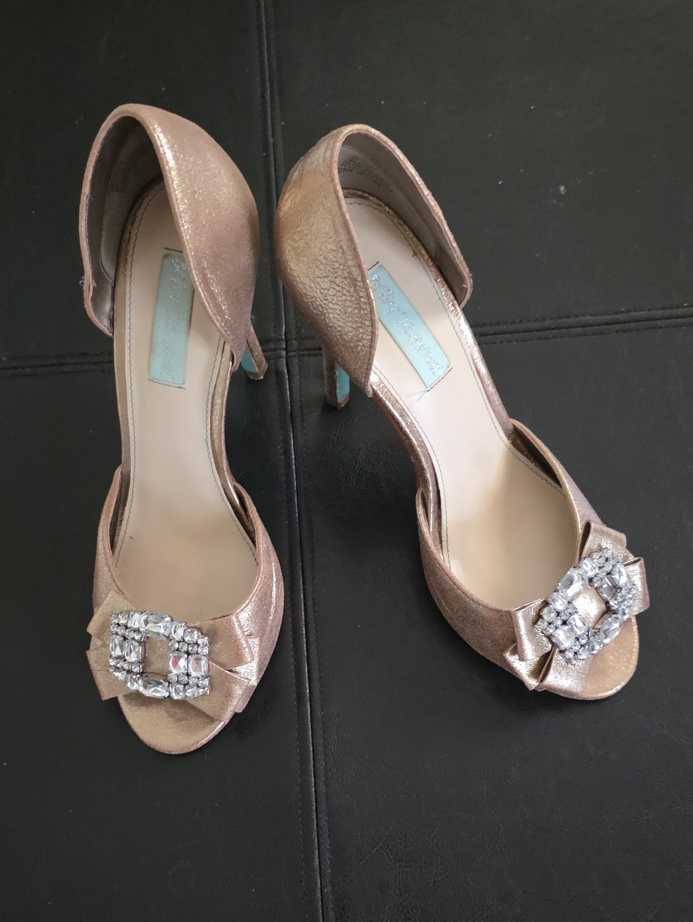 Betsey Johnson Women's Rose Gold Open-Toe Heels with Rhinestone Buckle